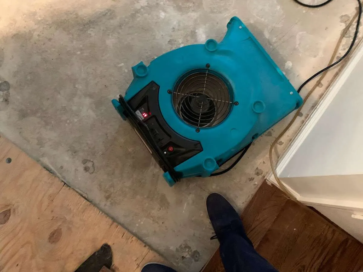 Air mover drying subfloor during Commercial Water Damage Restoration in Daytona Beach Shores